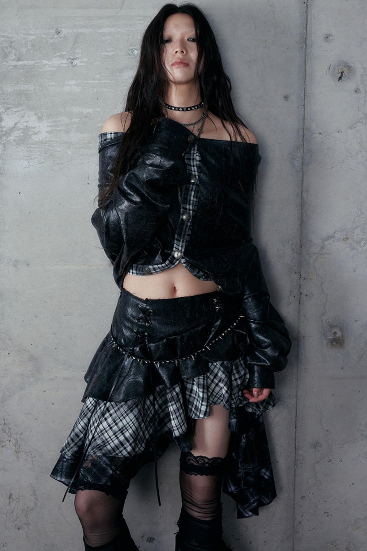 Dark Retro Plaid Leather Skirt