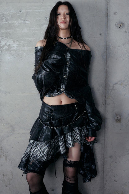 Dark Retro Plaid Leather Skirt