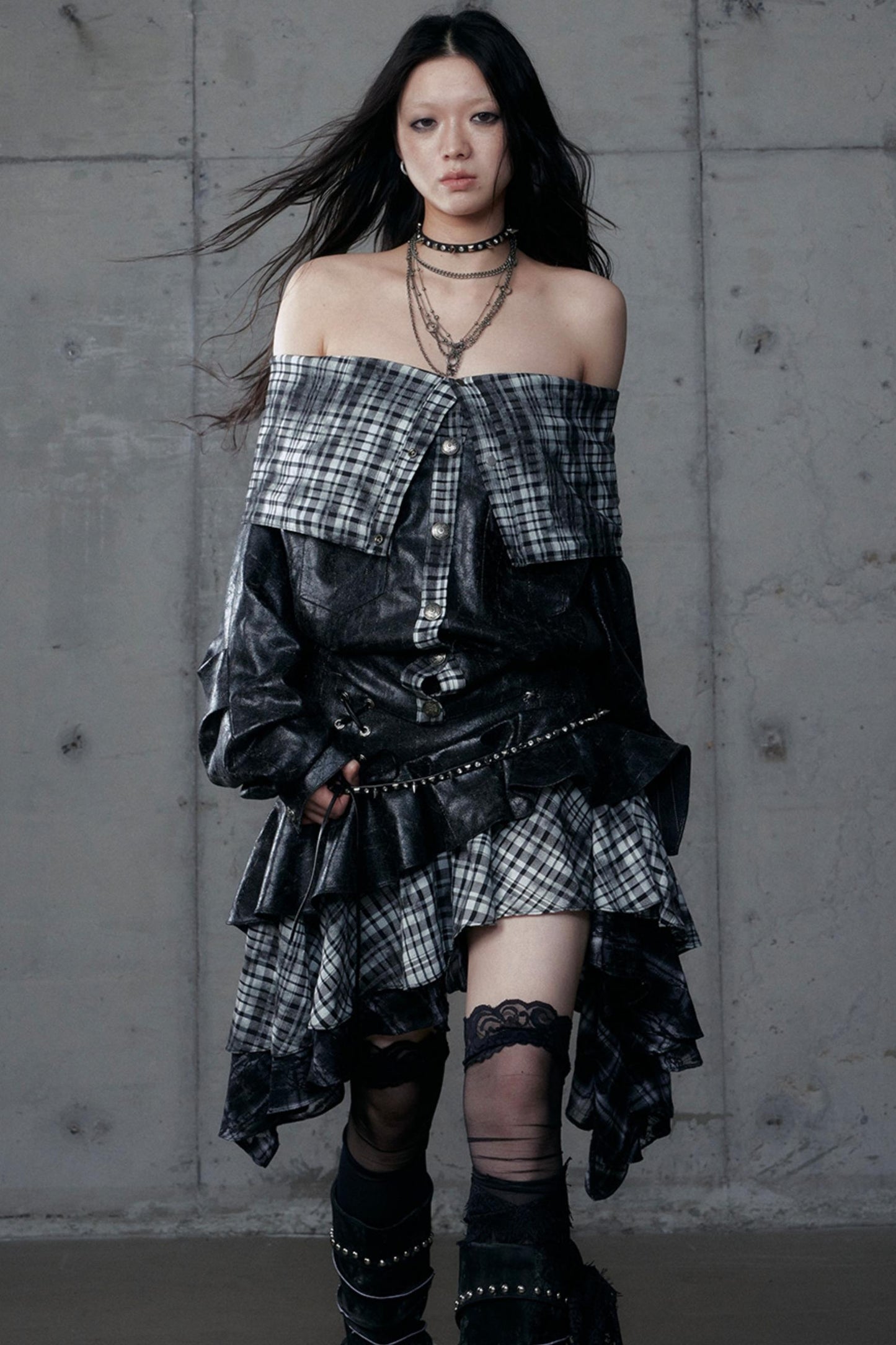 Dark Retro Plaid Leather Skirt