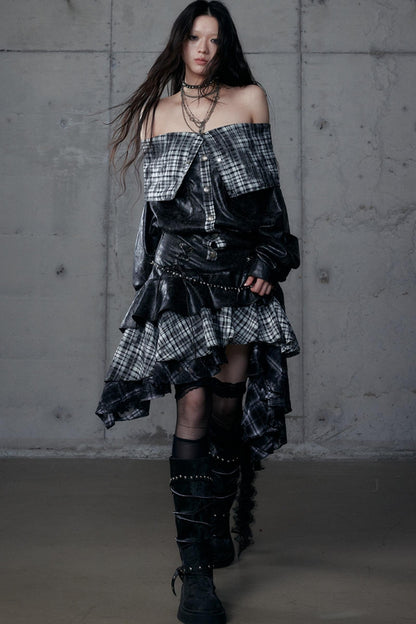 Dark Retro Plaid Leather Skirt