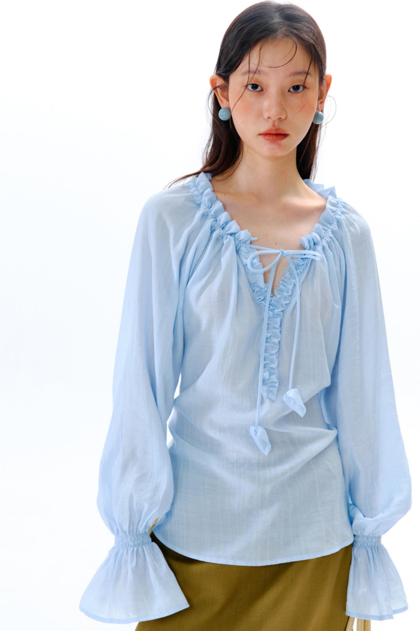 Blue Flower Fruit Ruffle V-Neck Shirt