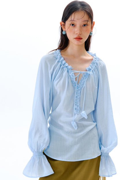 Blue Flower Fruit Ruffle V-Neck Shirt