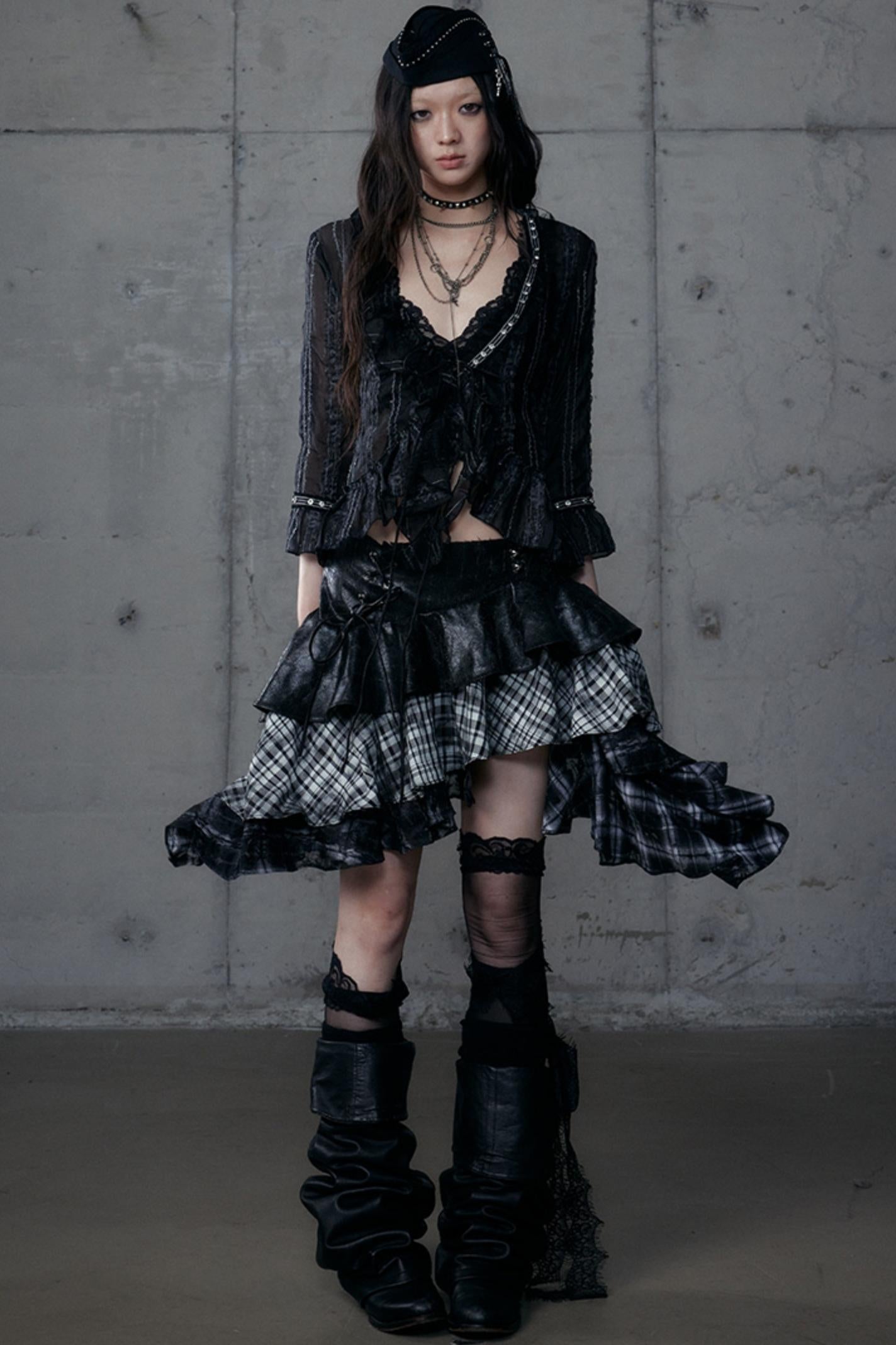 Dark Retro Plaid Leather Skirt