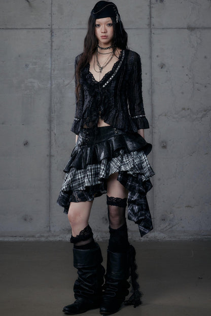 Dark Retro Plaid Leather Skirt