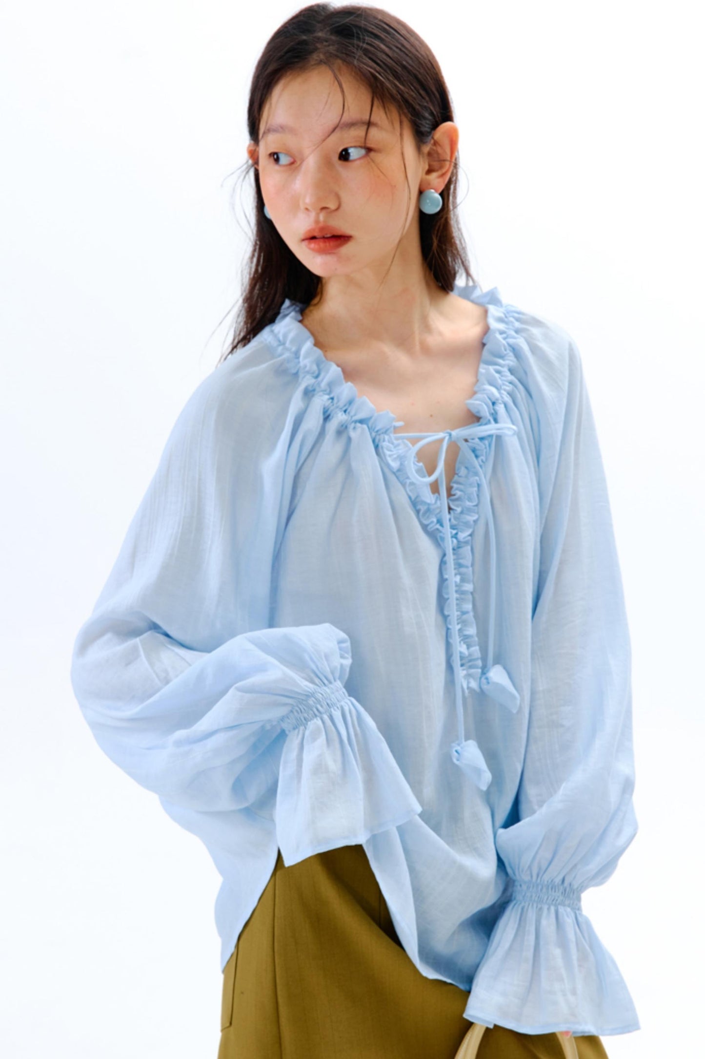 Blue Flower Fruit Ruffle V-Neck Shirt