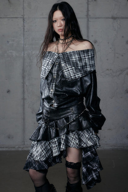 Dark Retro Plaid Leather Skirt