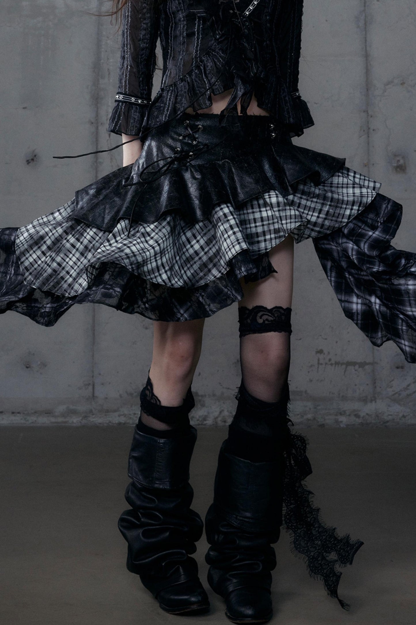 Dark Retro Plaid Leather Skirt