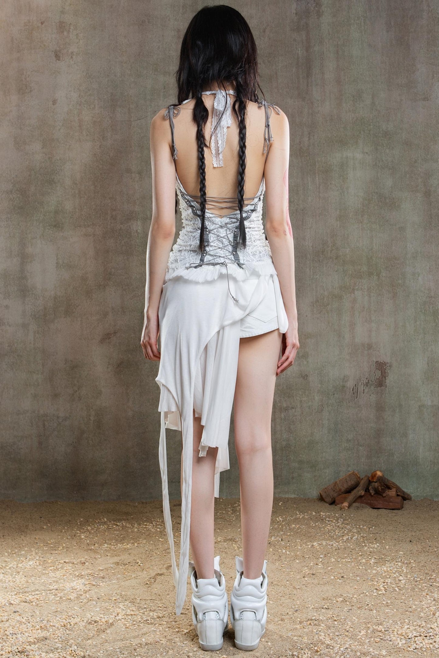 Necklace Accessory Multi-Ruched Lace Halter Top Set