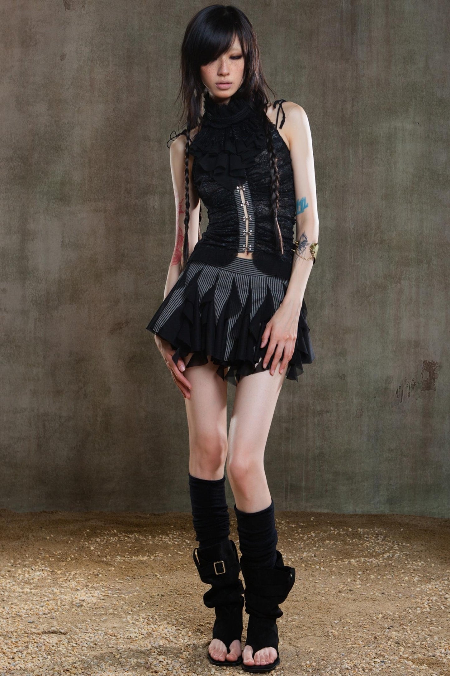 Necklace Accessory Multi-Ruched Lace Halter Top Set