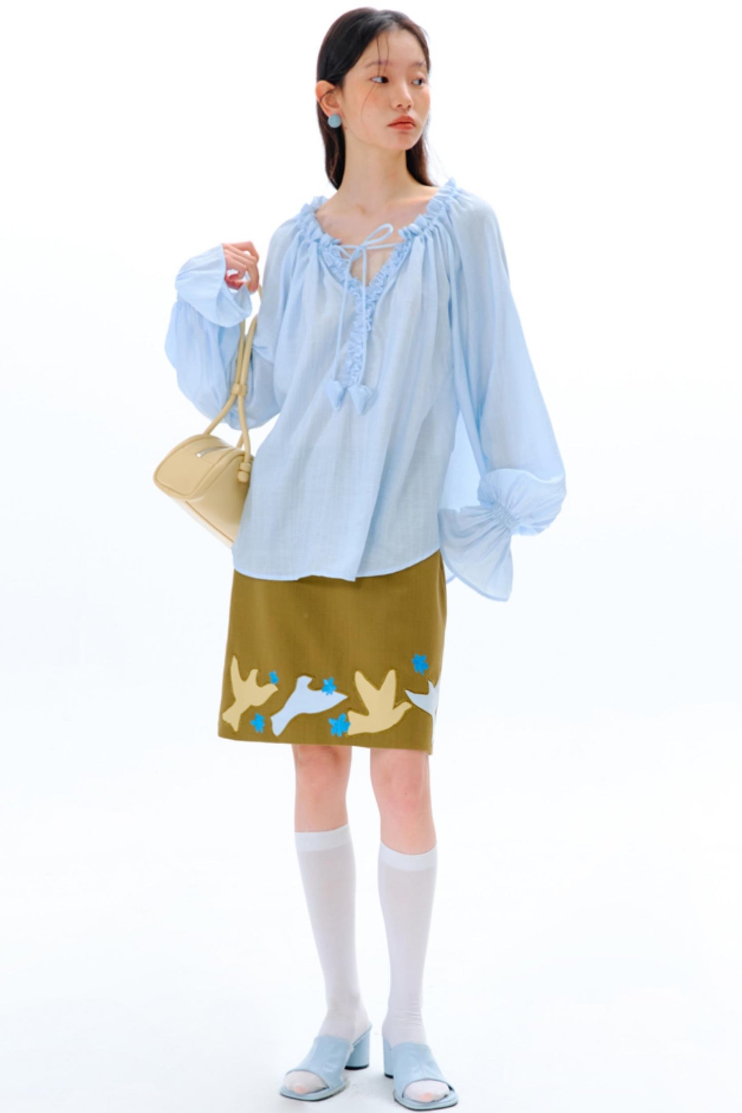 Blue Flower Fruit Ruffle V-Neck Shirt