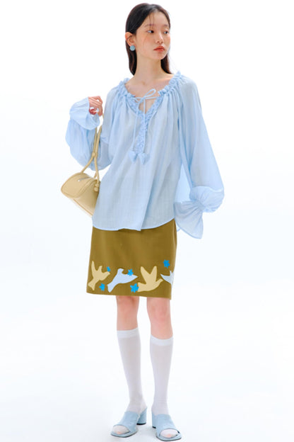 Blue Flower Fruit Ruffle V-Neck Shirt