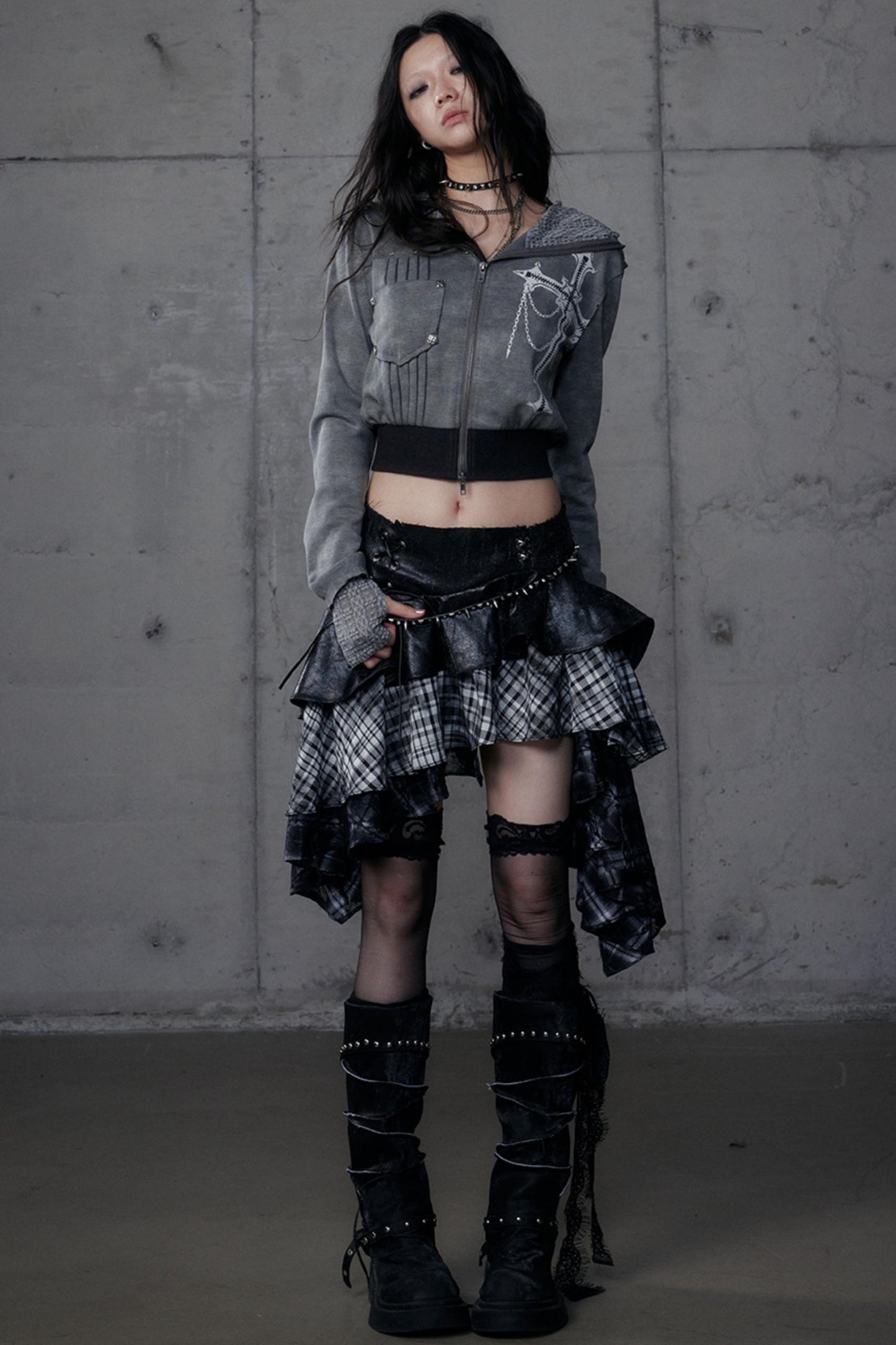 Dark Retro Plaid Leather Skirt