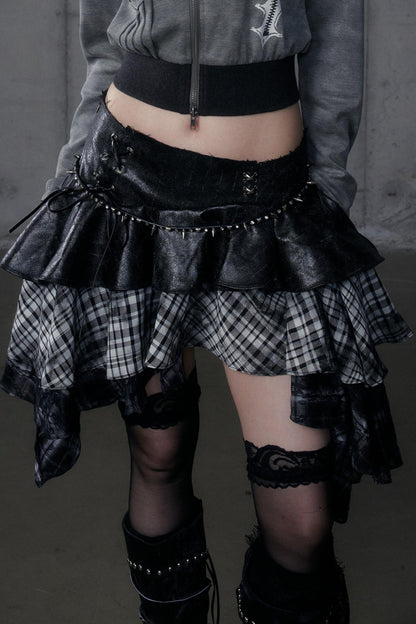 Dark Retro Plaid Leather Skirt