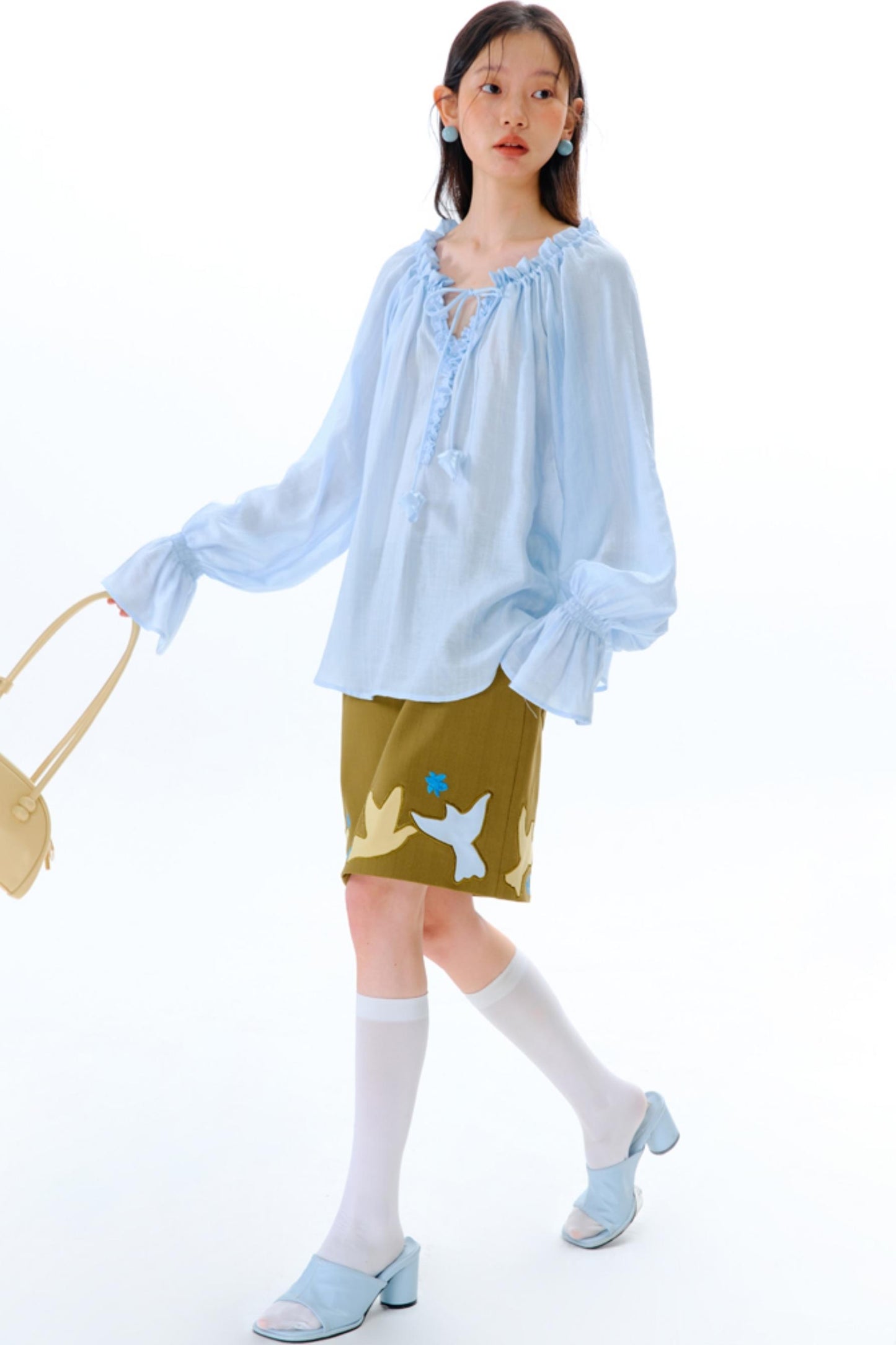 Blue Flower Fruit Ruffle V-Neck Shirt