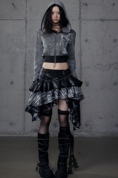 Dark Retro Plaid Leather Skirt