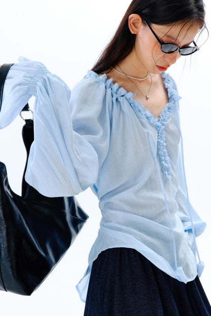 Blue Flower Fruit Ruffle V-Neck Shirt