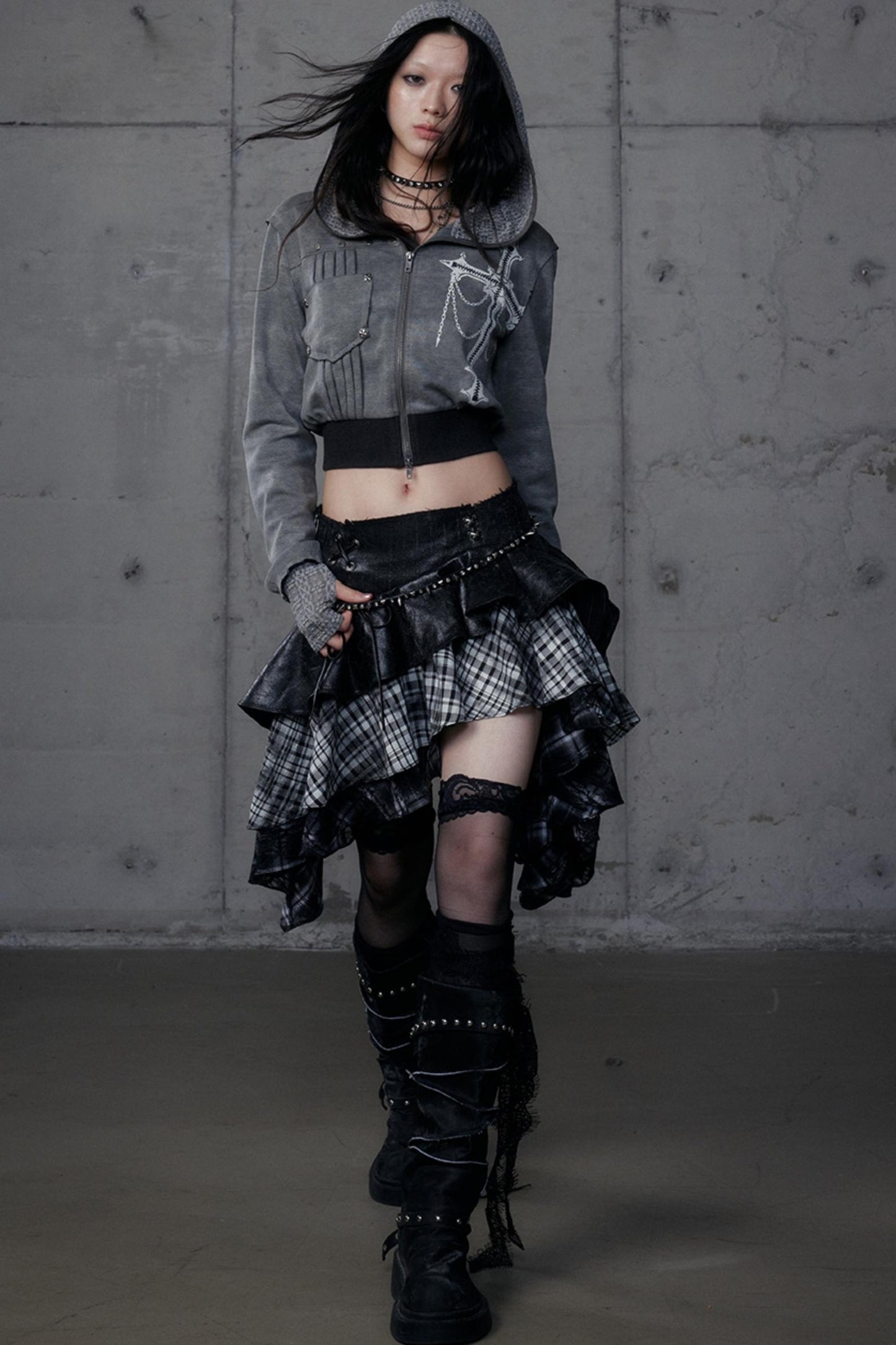 Dark Retro Plaid Leather Skirt