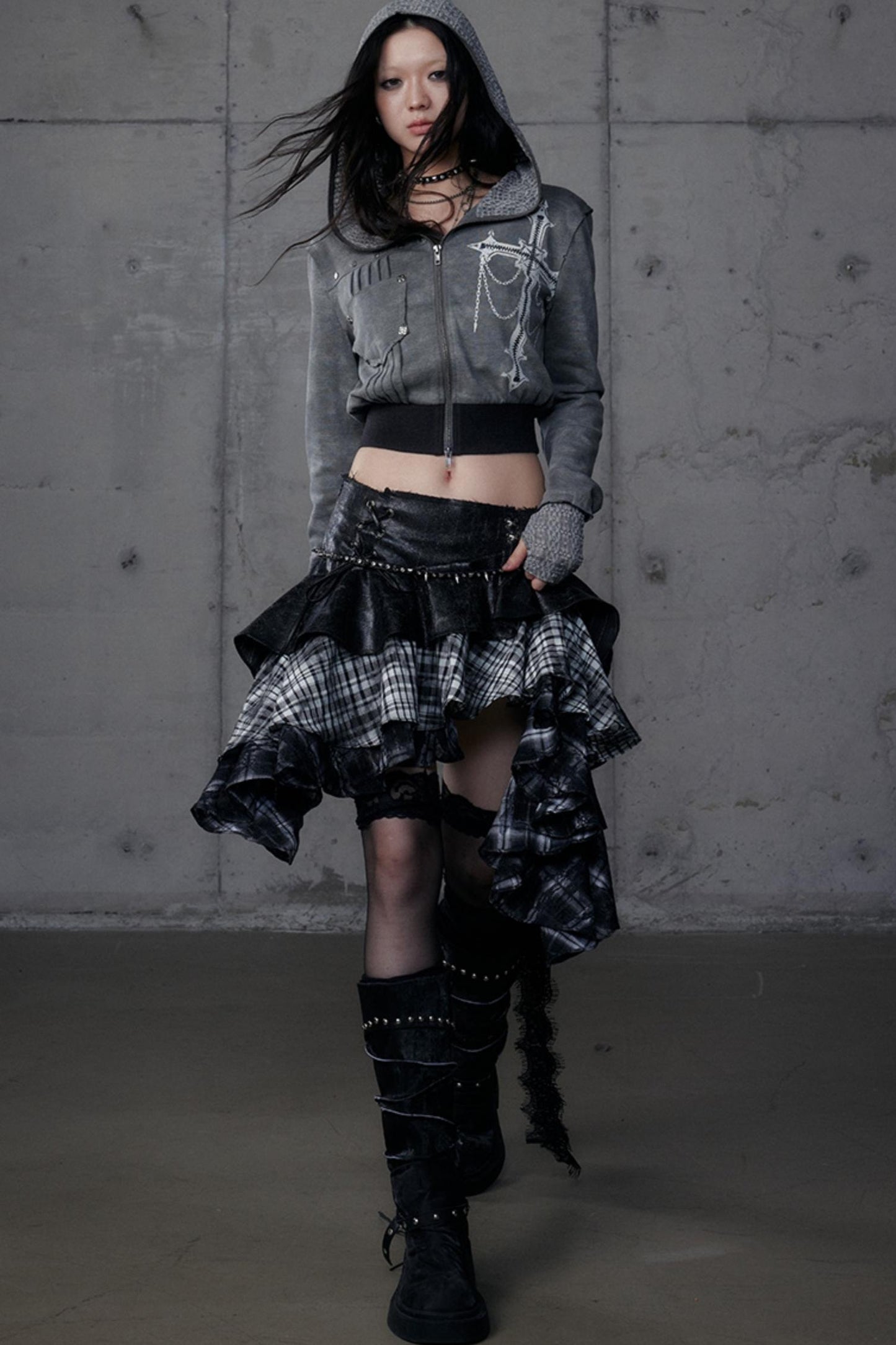Dark Retro Plaid Leather Skirt