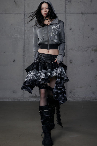 Dark Retro Plaid Leather Skirt