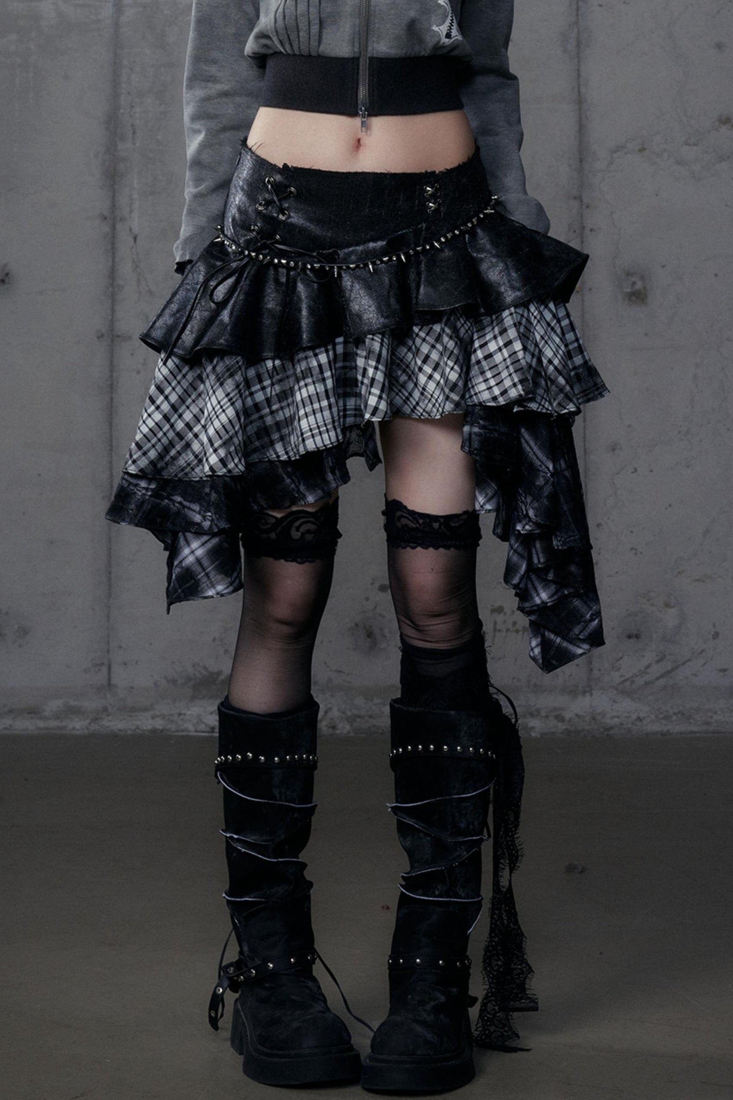 Dark Retro Plaid Leather Skirt
