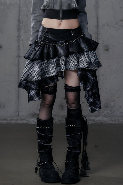 Dark Retro Plaid Leather Skirt