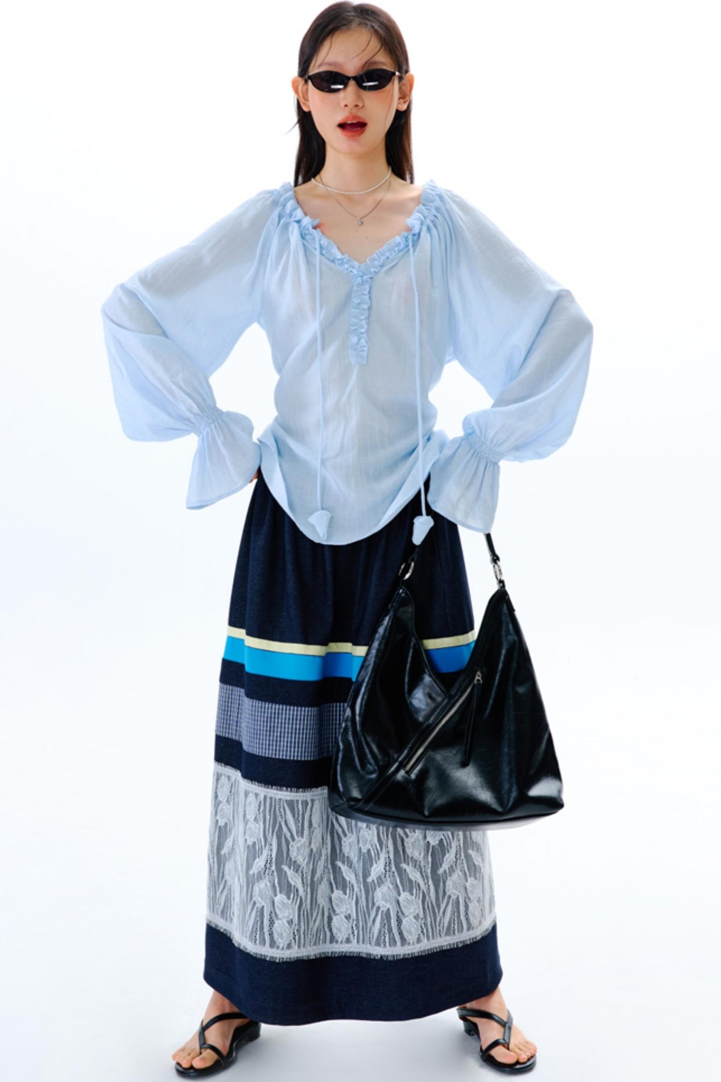 Blue Flower Fruit Ruffle V-Neck Shirt