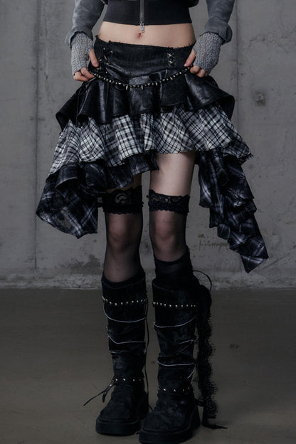 Dark Retro Plaid Leather Skirt