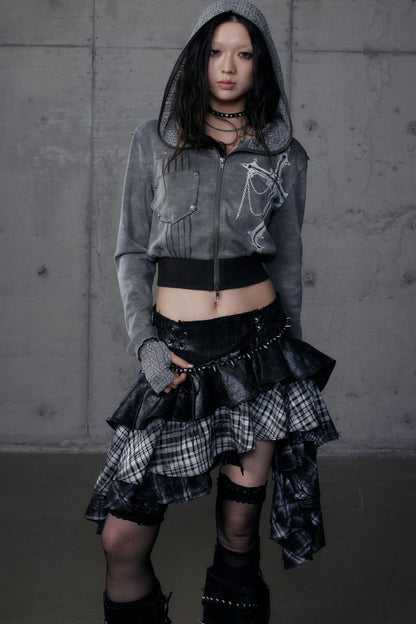 Dark Retro Plaid Leather Skirt