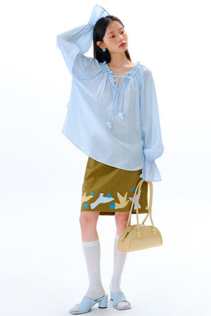 Blue Flower Fruit Ruffle V-Neck Shirt