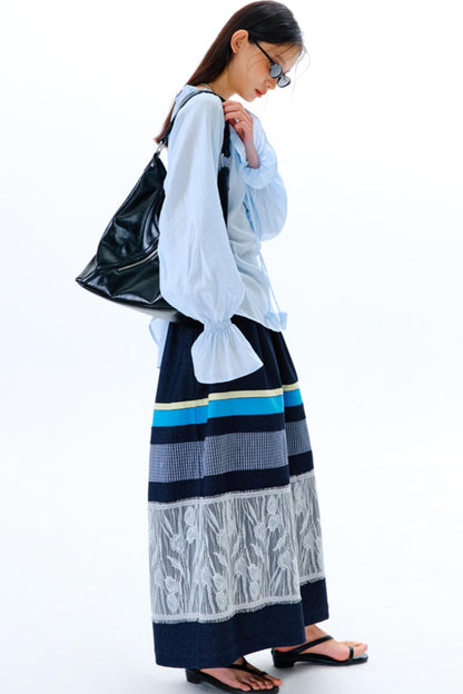 Blue Flower Fruit Ruffle V-Neck Shirt