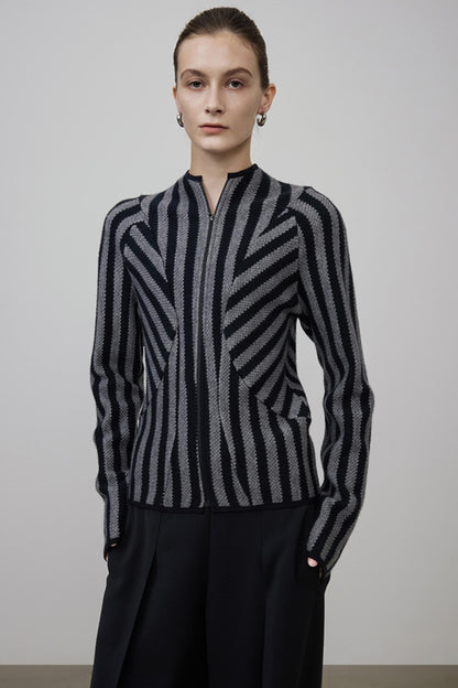 Striped Knit High Neck Jacket