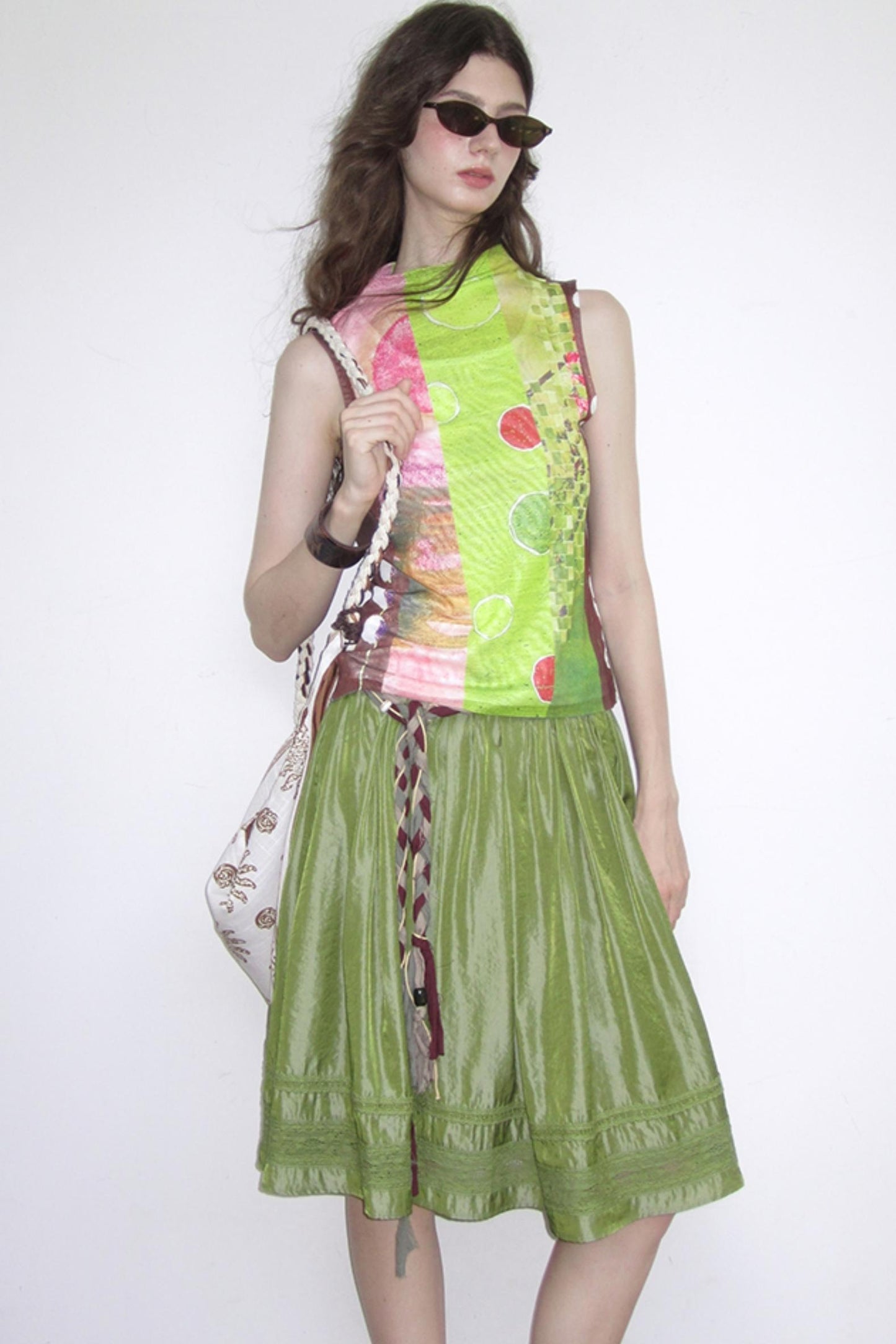 Polarized Satin Pleated Lace Panel Skirt