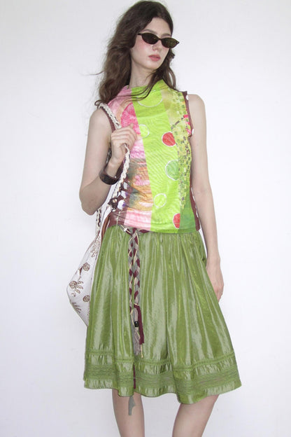 Polarized Satin Pleated Lace Panel Skirt