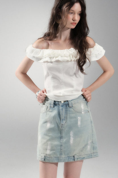 Hand-Painted Light Blue Denim Skirt