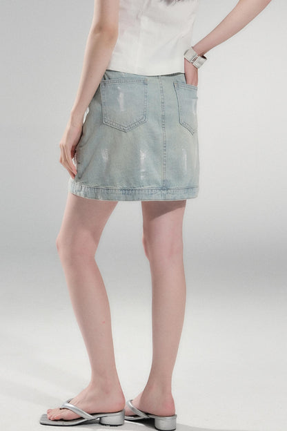 Hand-Painted Light Blue Denim Skirt