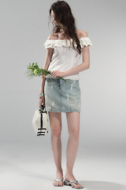 Hand-Painted Light Blue Denim Skirt