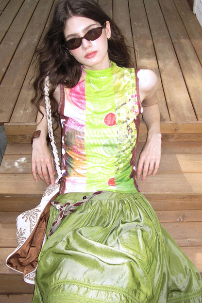 Polarized Satin Pleated Lace Panel Skirt