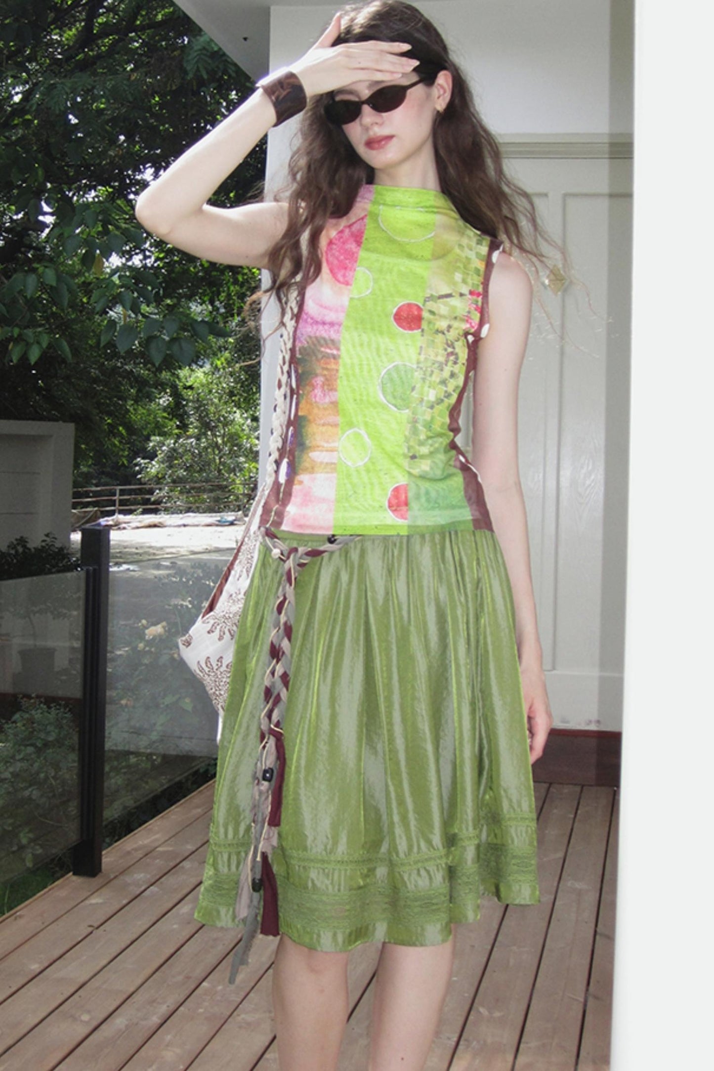 Polarized Satin Pleated Lace Panel Skirt