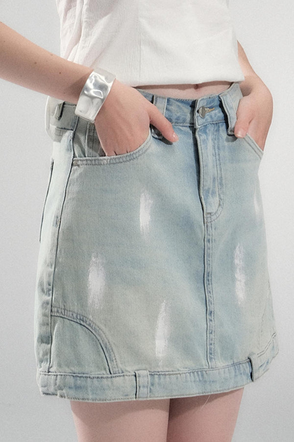 Hand-Painted Light Blue Denim Skirt