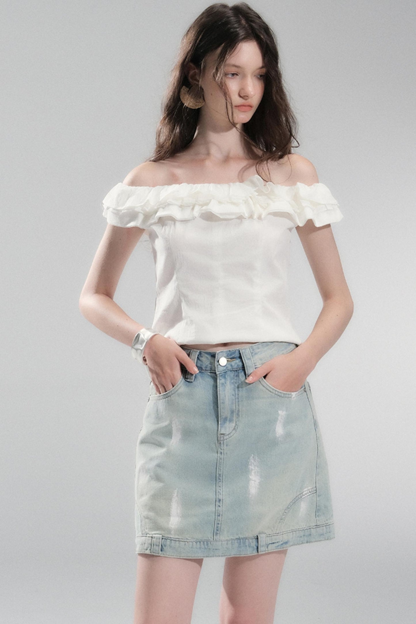 Hand-Painted Light Blue Denim Skirt