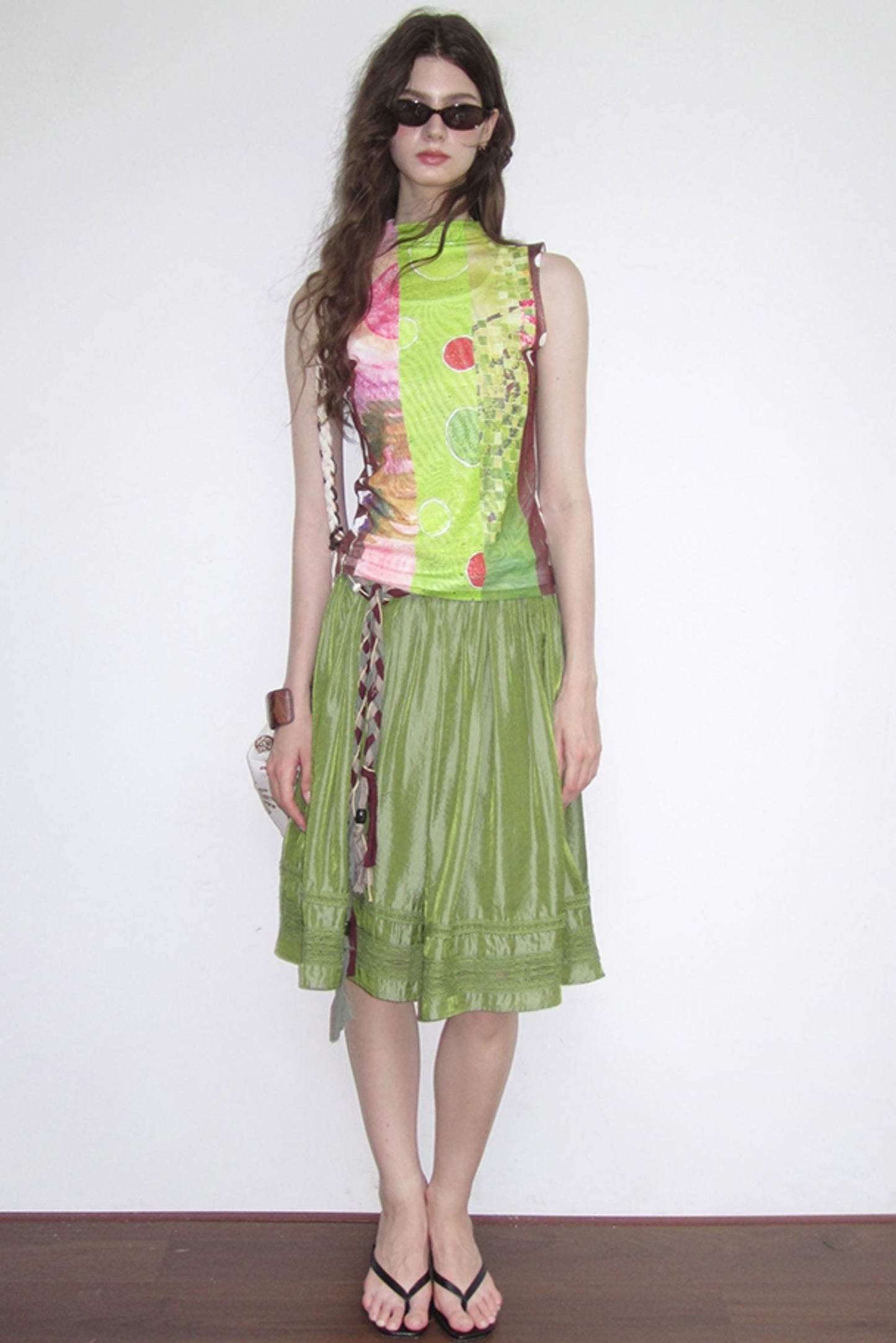 Polarized Satin Pleated Lace Panel Skirt