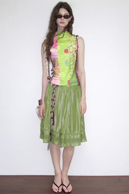 Polarized Satin Pleated Lace Panel Skirt