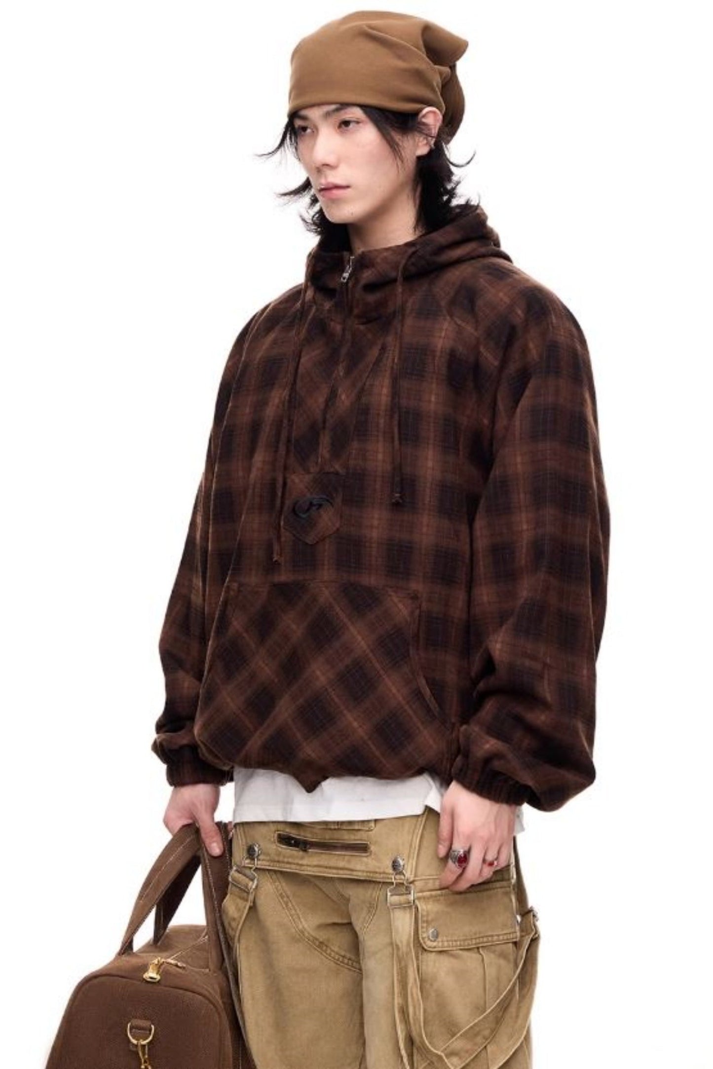 Retro Check Drawstring Baggy Hoodie