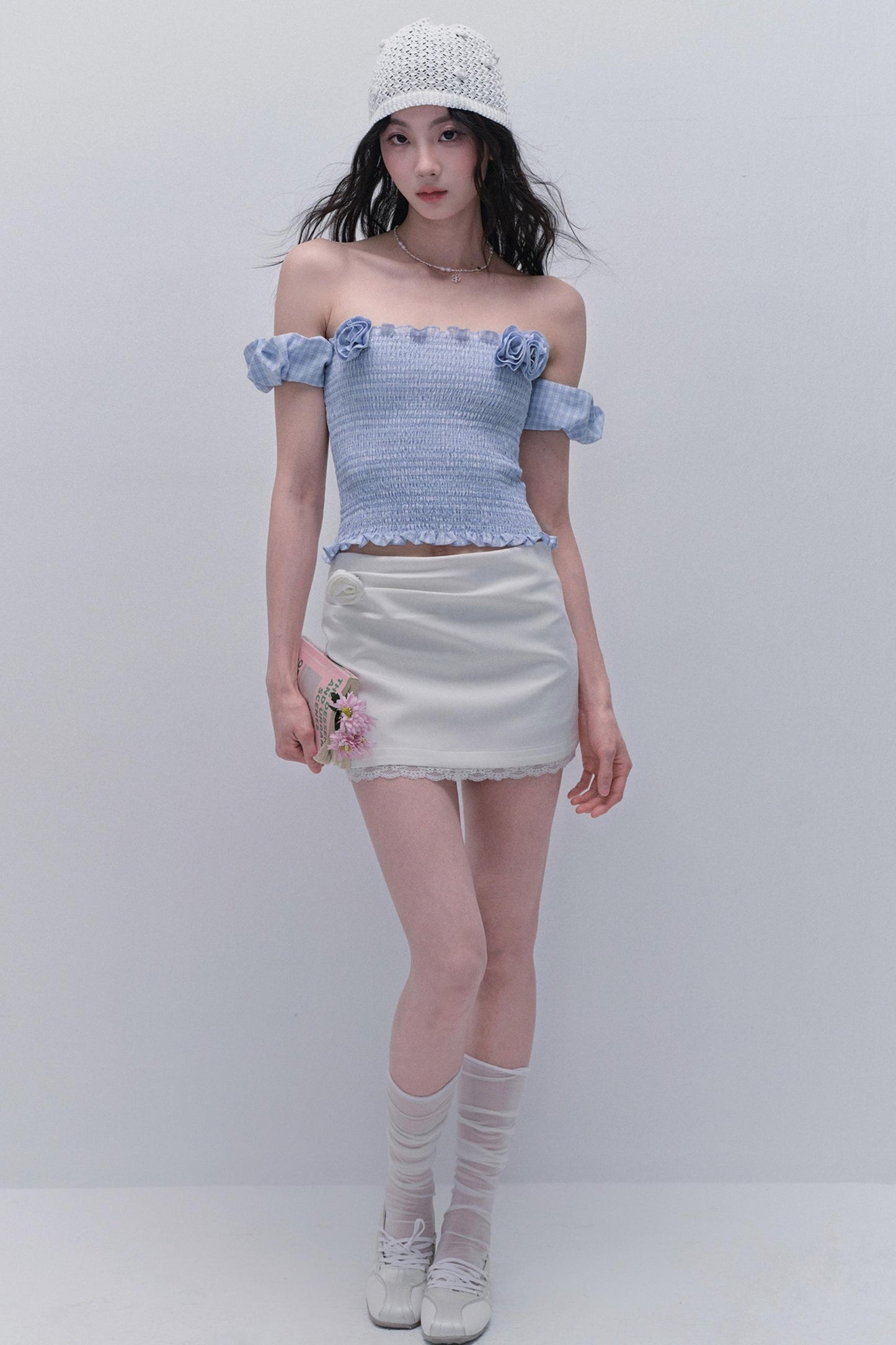 Rose One-Shoulder Bubble Sleeve Top