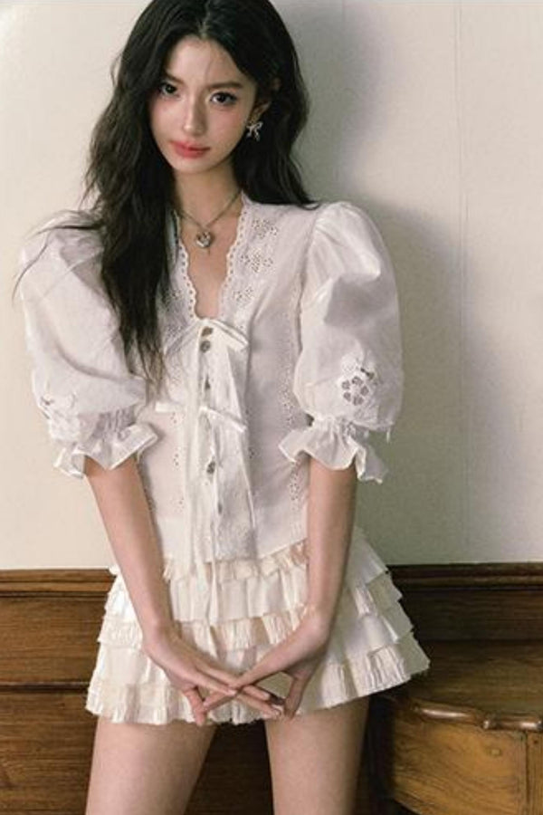 Bubble Sleeve Two Piece Cake Skirt Set-Up