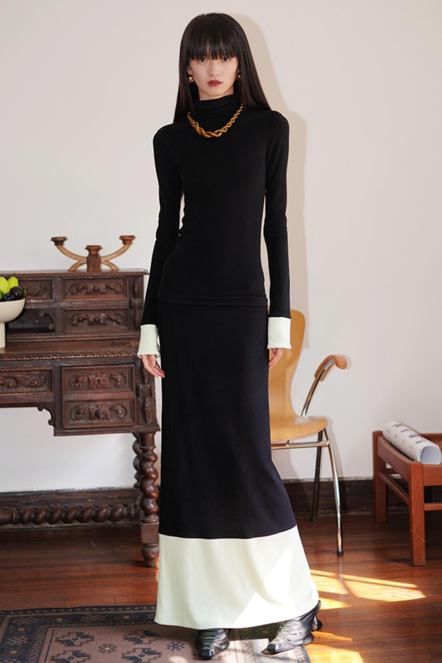 Warm Velvet Stitched Long Skirt