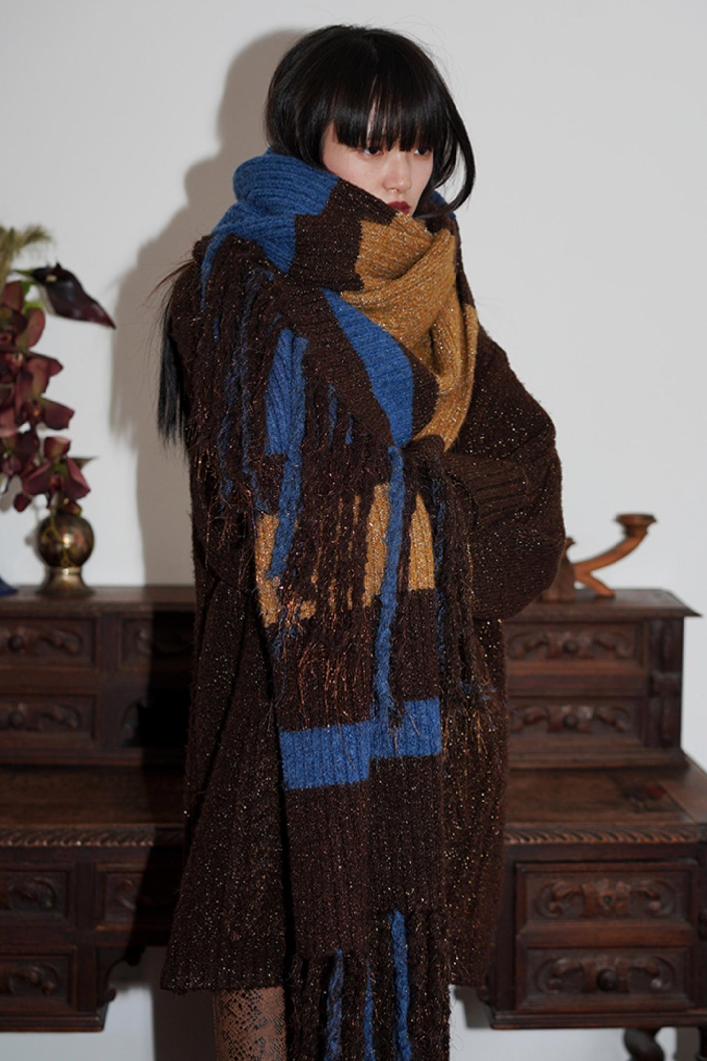 Glitter Stripe Yarn Tassel Scarf