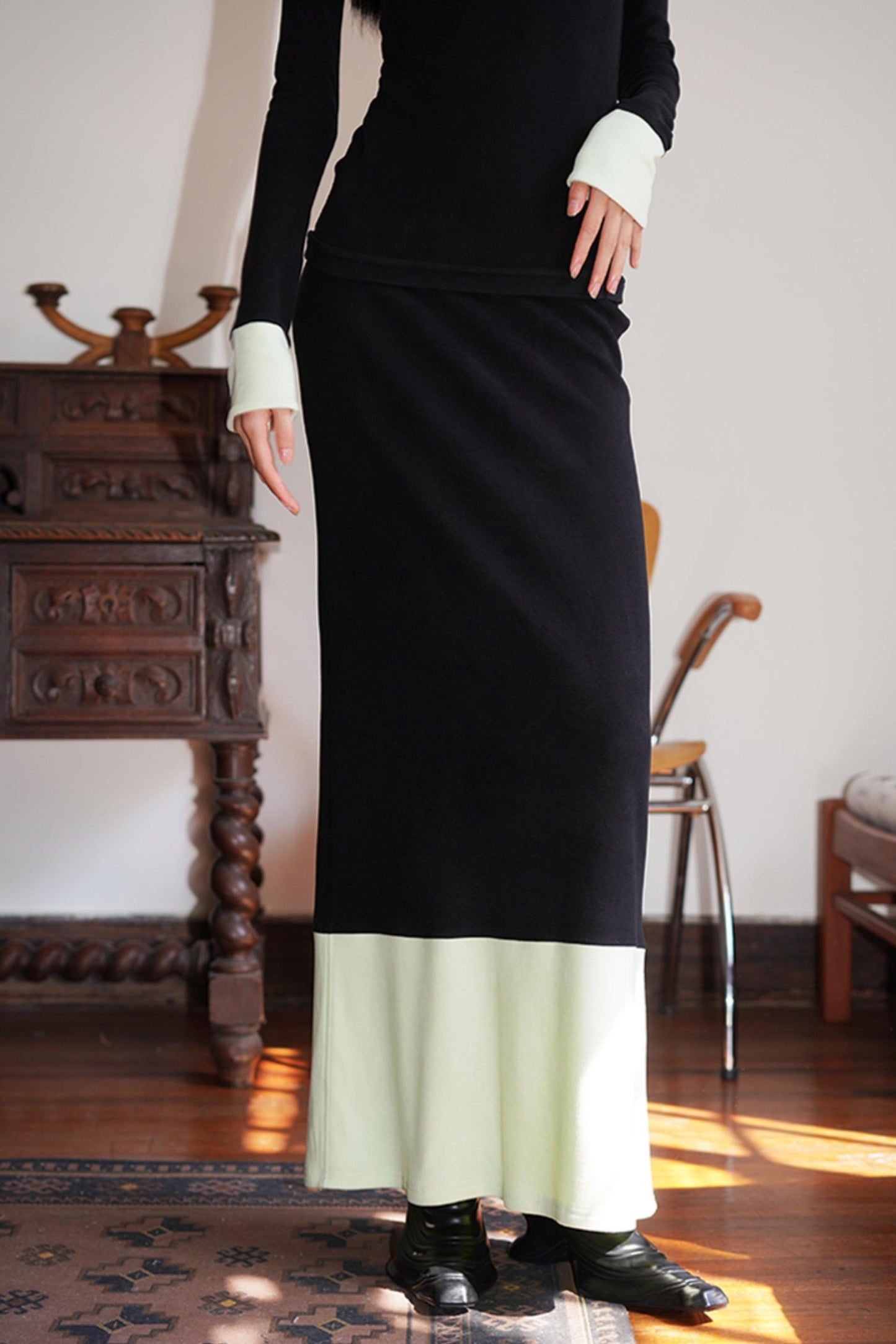 Warm Velvet Stitched Long Skirt