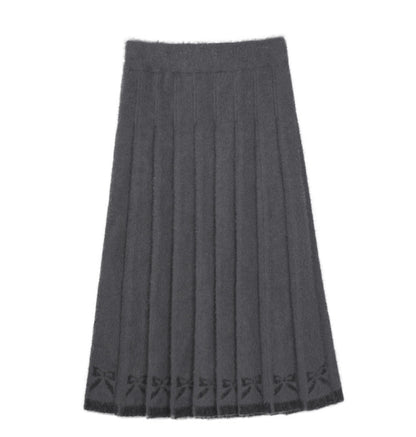 Bow Knitted Pleated Midi Skirt