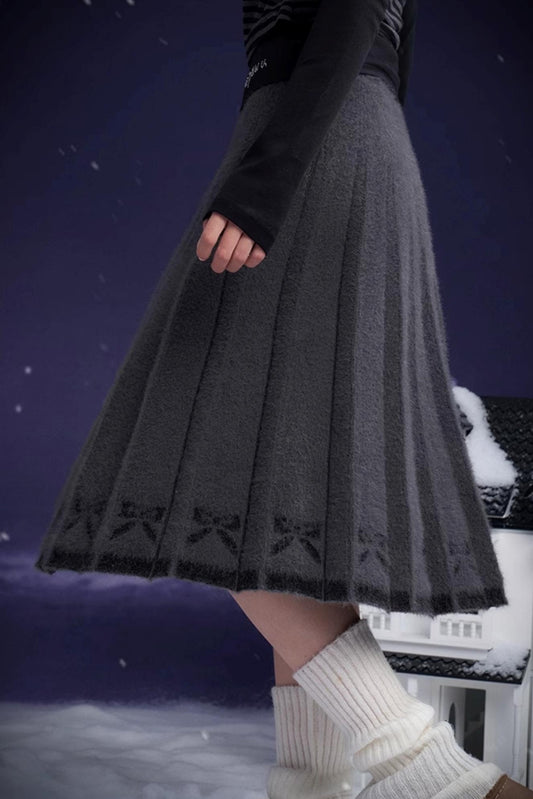 Bow Knitted Pleated Midi Skirt